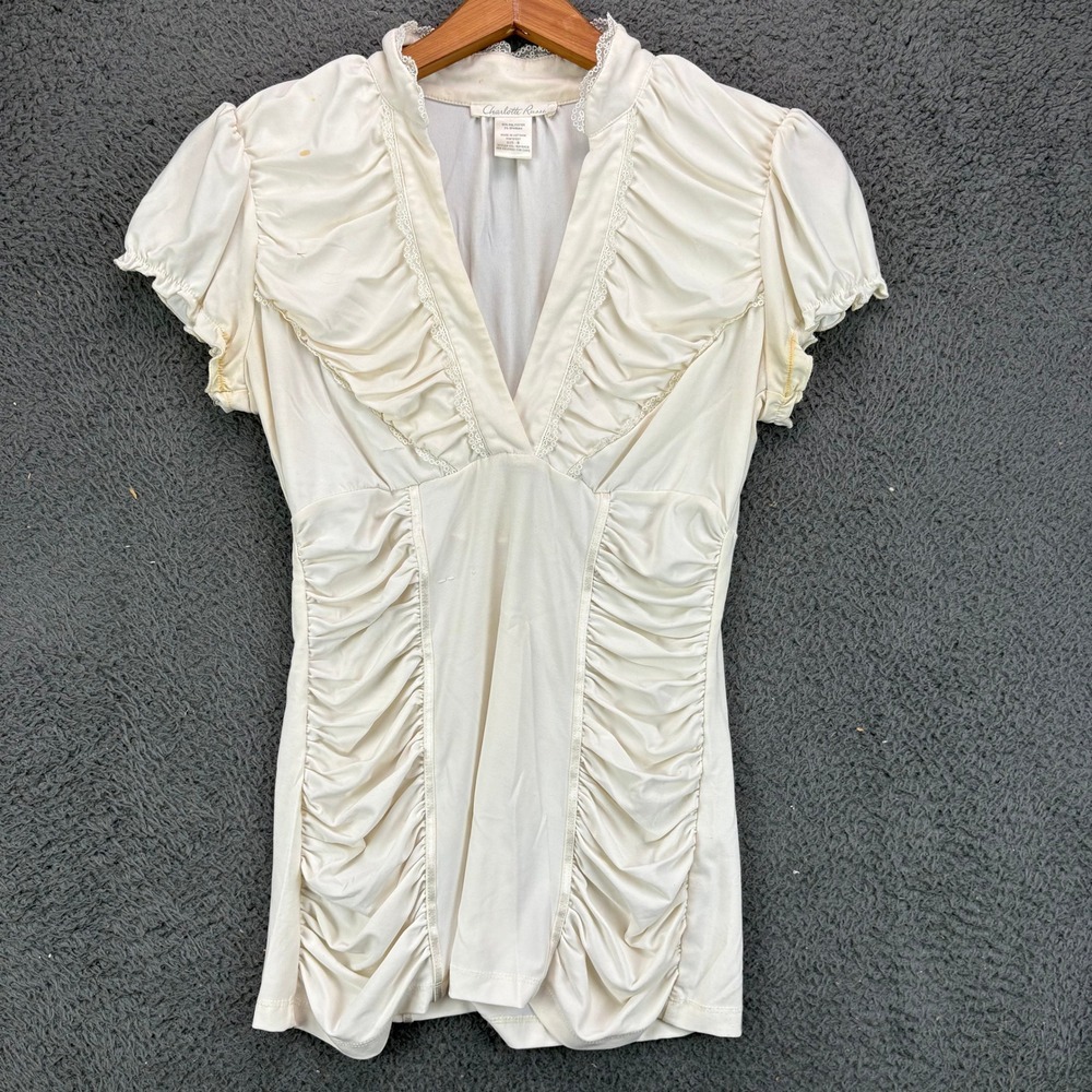 Charlotte Russe Cream Ruched Lace Trim V-Neck Top Cap Sleeve‎ CCL-1537BAC8 Small